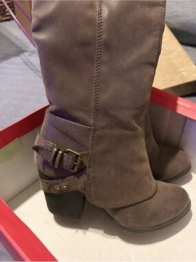 American Eagle Outfitters Taupe Mid-Calf Buckle Heel Boots